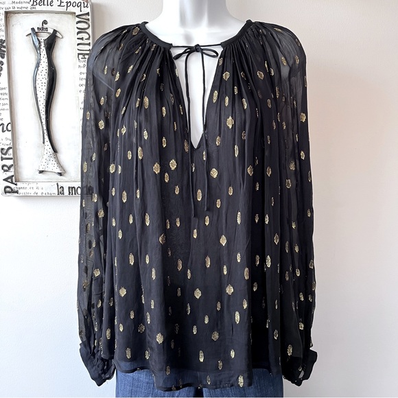 FRAME Black Sheer Gold Metallic Tie Neck Long Sleeve Blouse Women’s Top Size M - Picture 1 of 11
